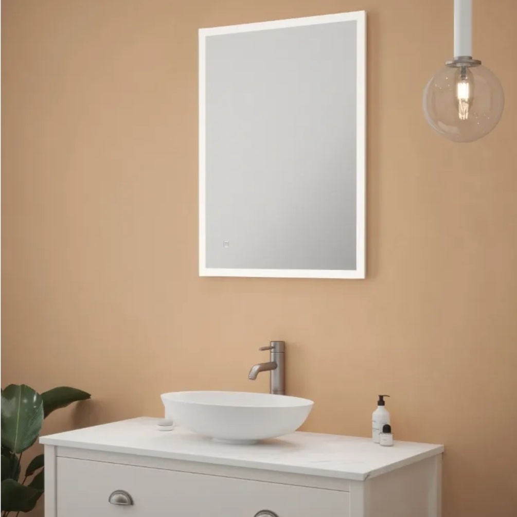 Close up product image of the Artemis Rectangular LED Mirror mounted in portrait